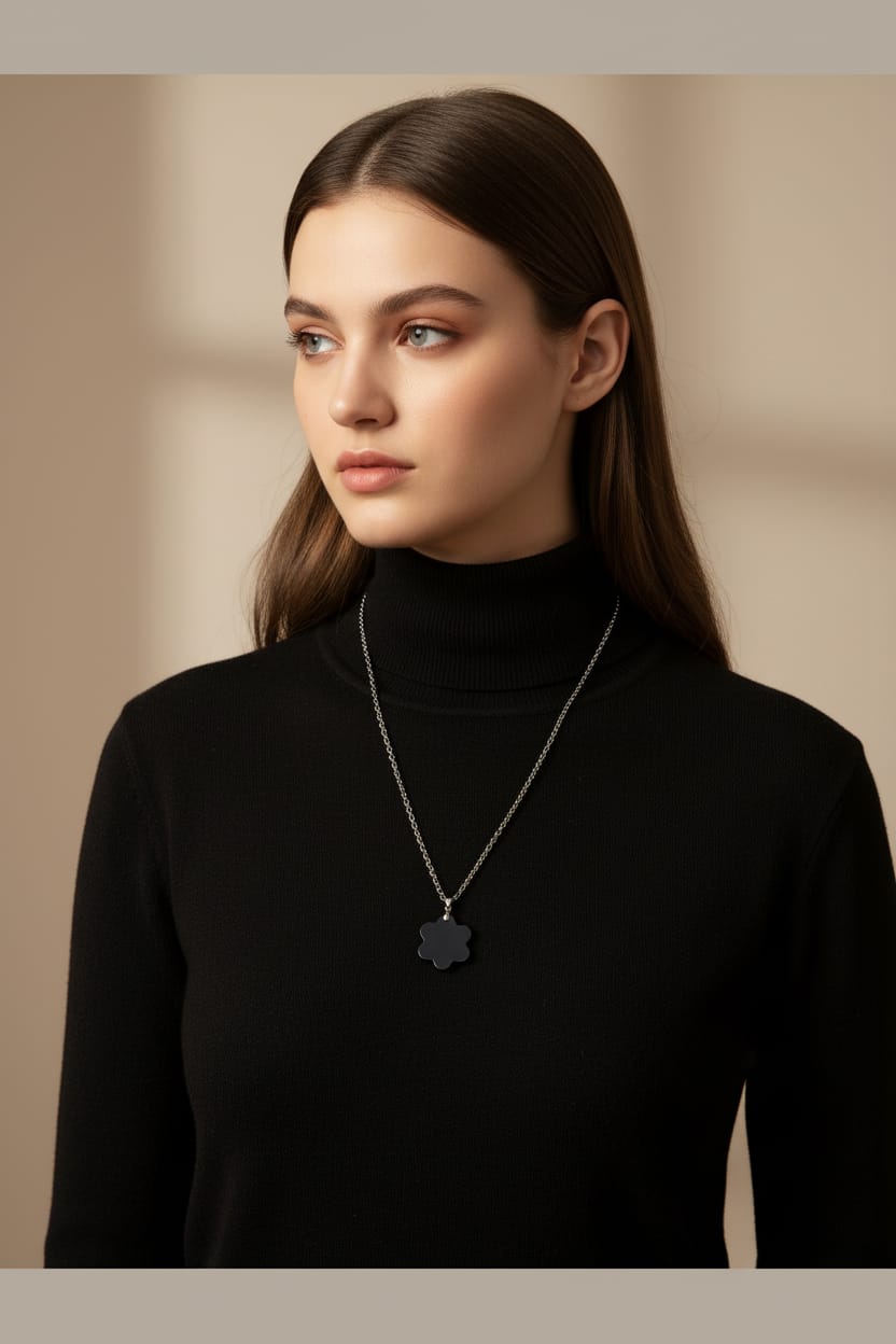 Collar acero plateado con dije de flor negra de resina