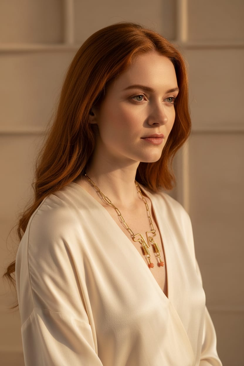 Collar con cadena acero dorado, dije de alambre dorado con 2 calcedonias naranjas