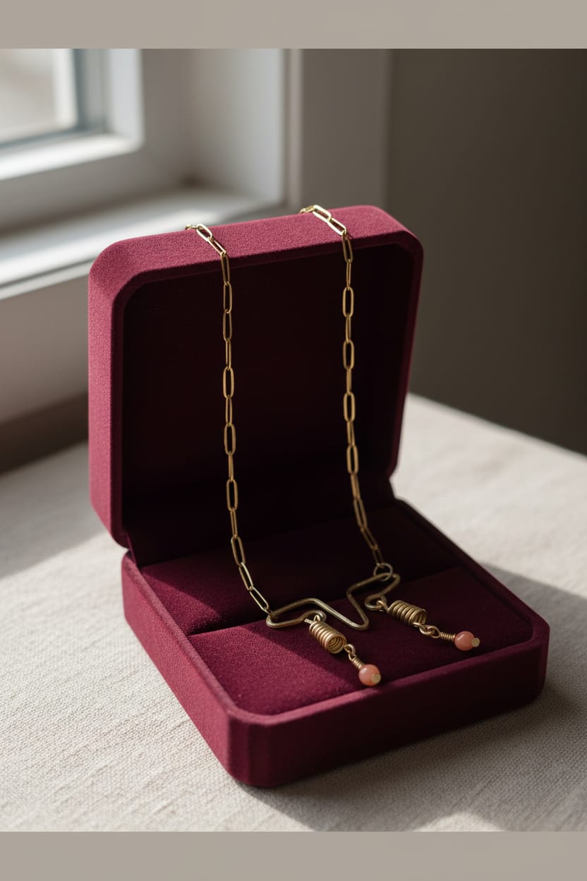 Collar con cadena acero dorado, dije de alambre dorado con 2 calcedonias naranjas