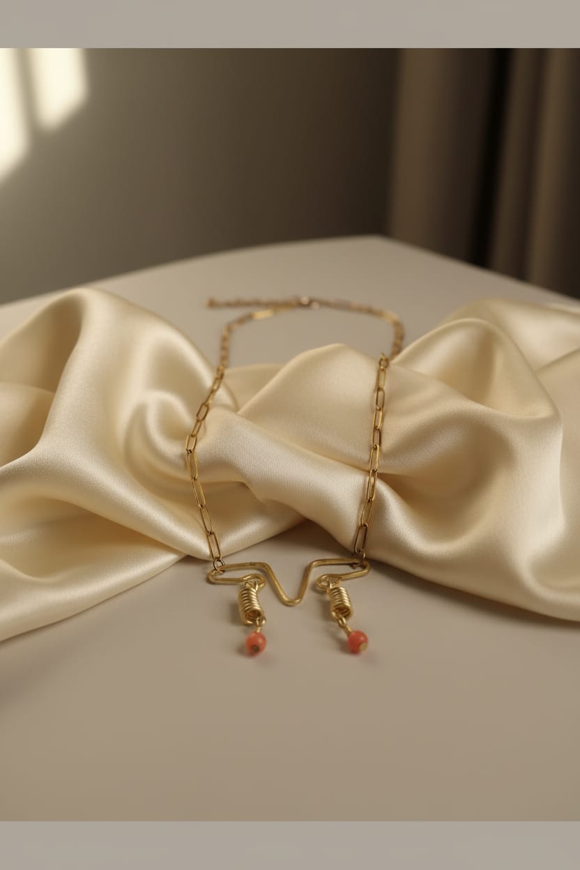Collar con cadena acero dorado, dije de alambre dorado con 2 calcedonias naranjas
