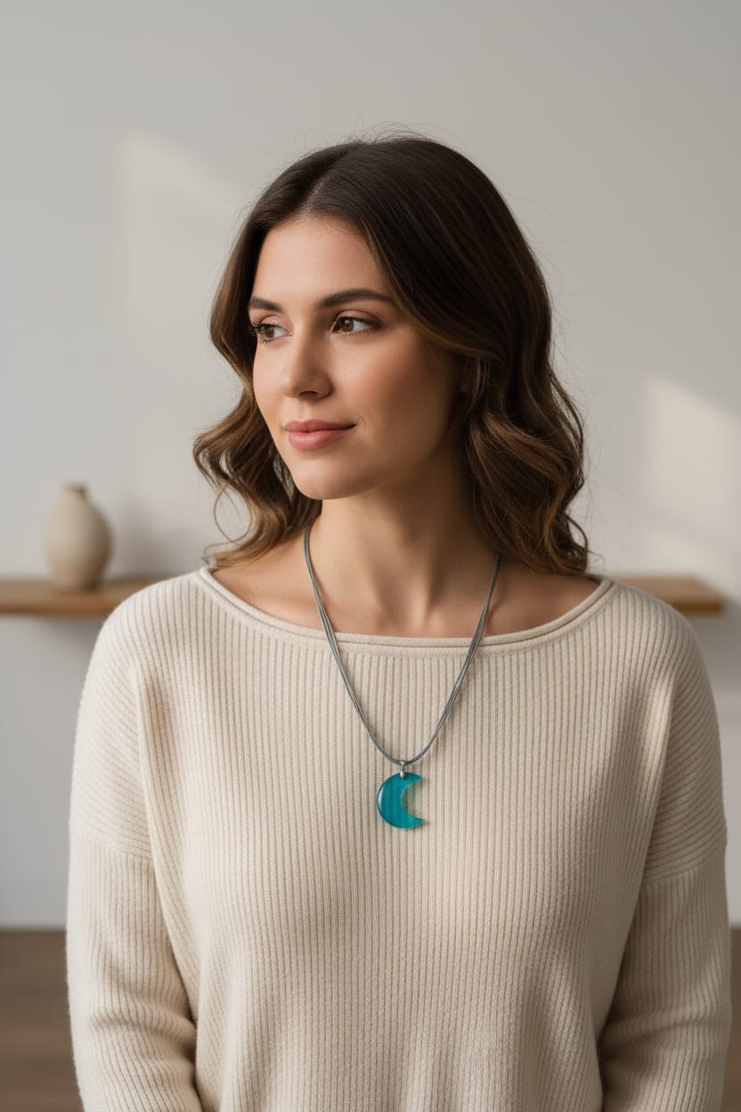 Collar Con hilo encerado gris triple y dije luna de resina
