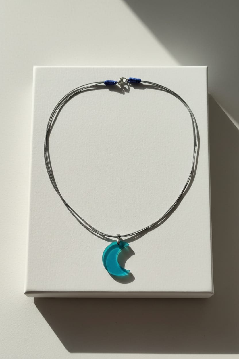 Collar Con hilo encerado gris triple y dije luna de resina