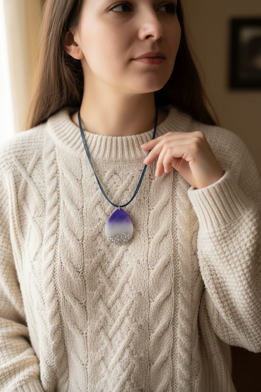 Collar con hilo encerado azul con lagrima de resina grande
