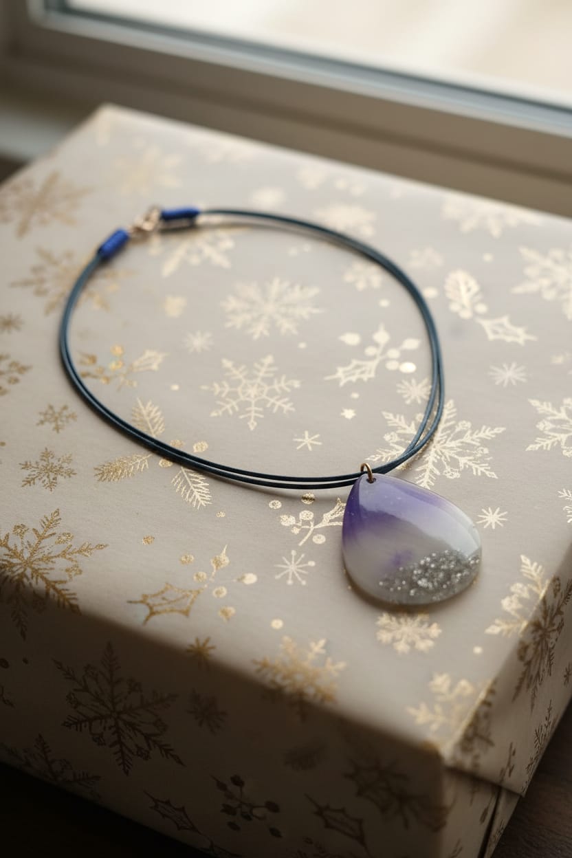 Collar con hilo encerado azul con lagrima de resina grande