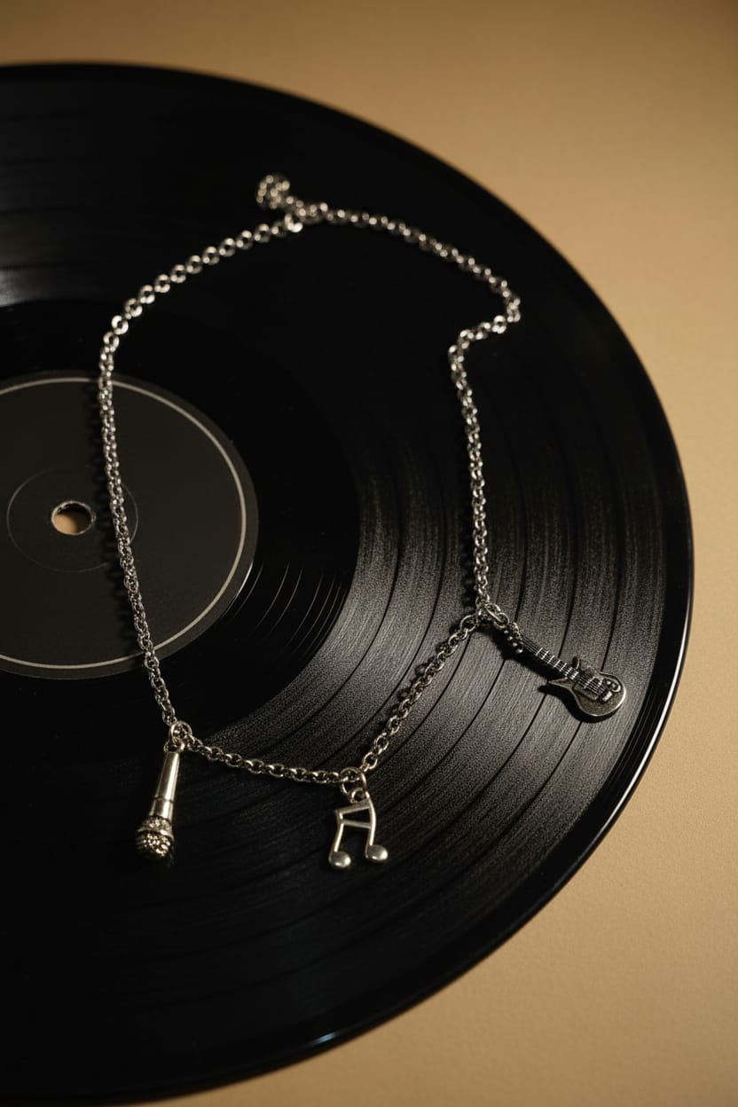 Collar de acero plateado con dijes musicales