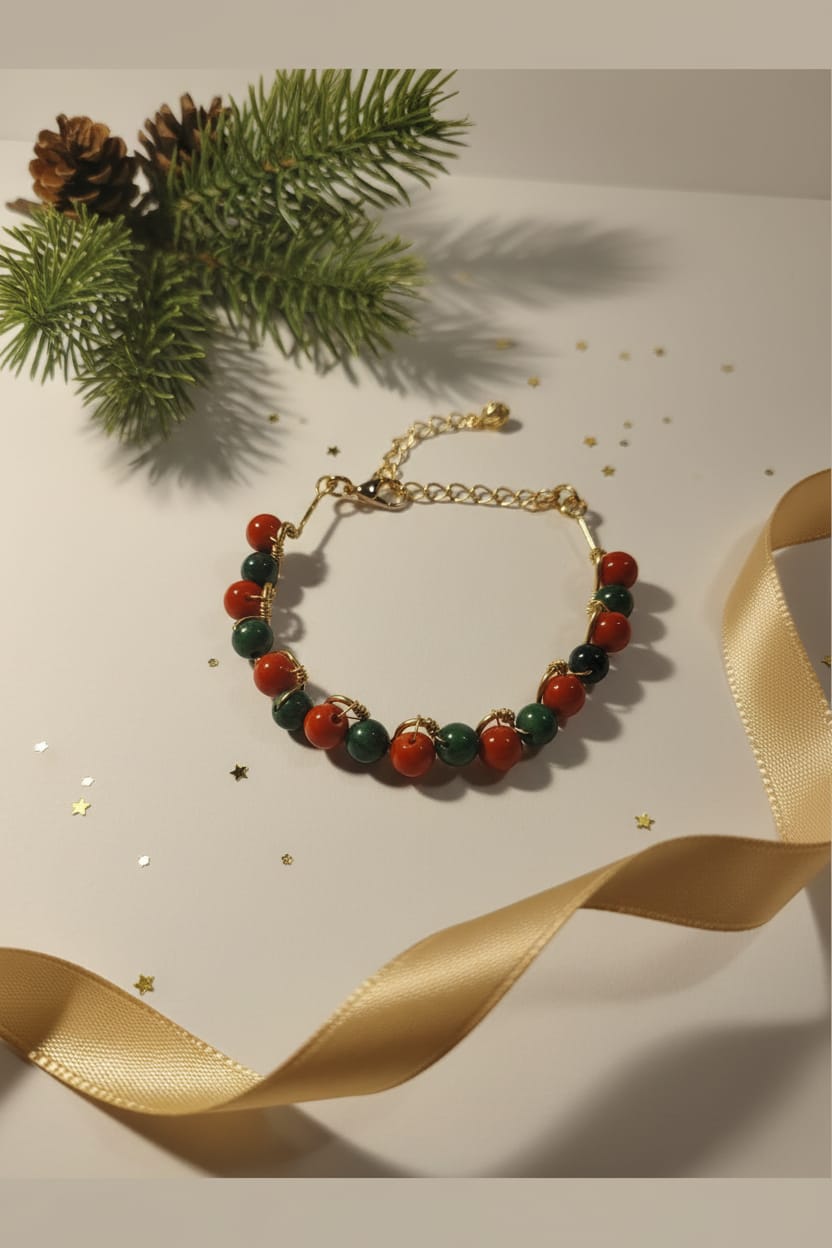 Pulsera alambre dorado con lapislázuli i Jade coral rojo