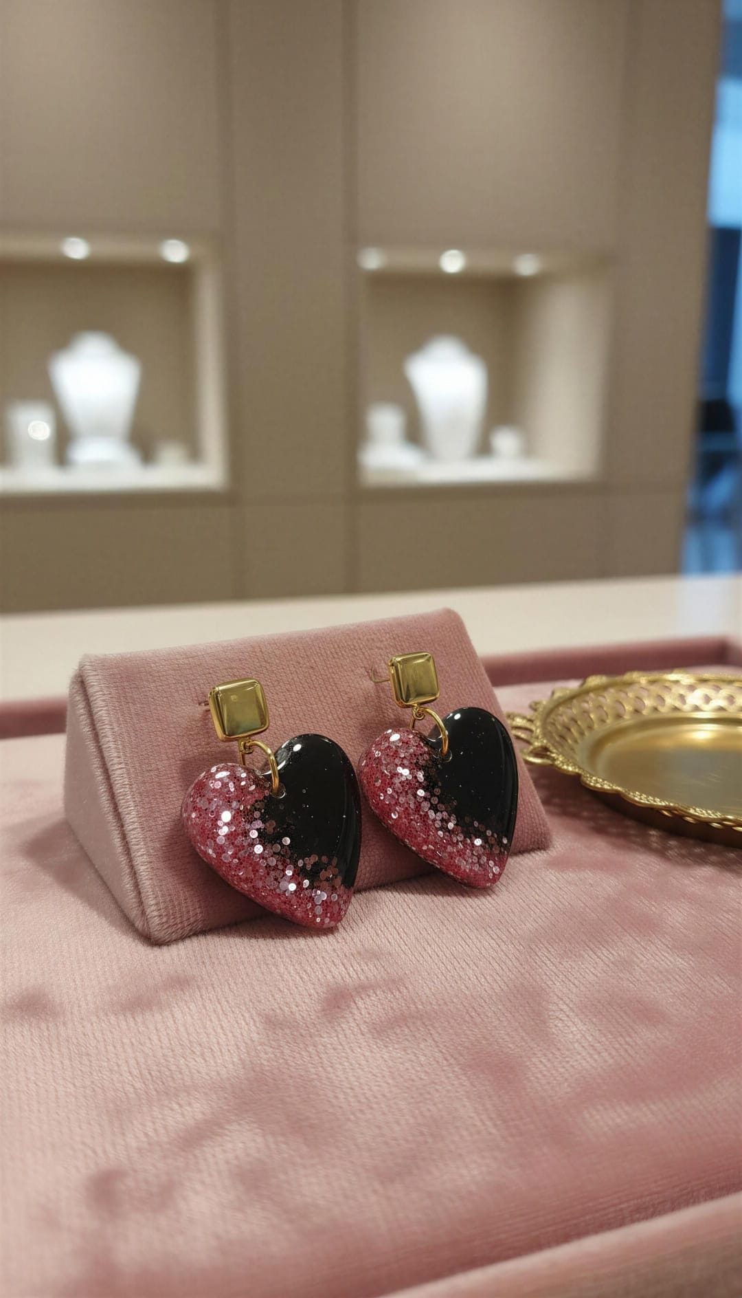 Pendientes de resina en forma de corazón rosa y negro