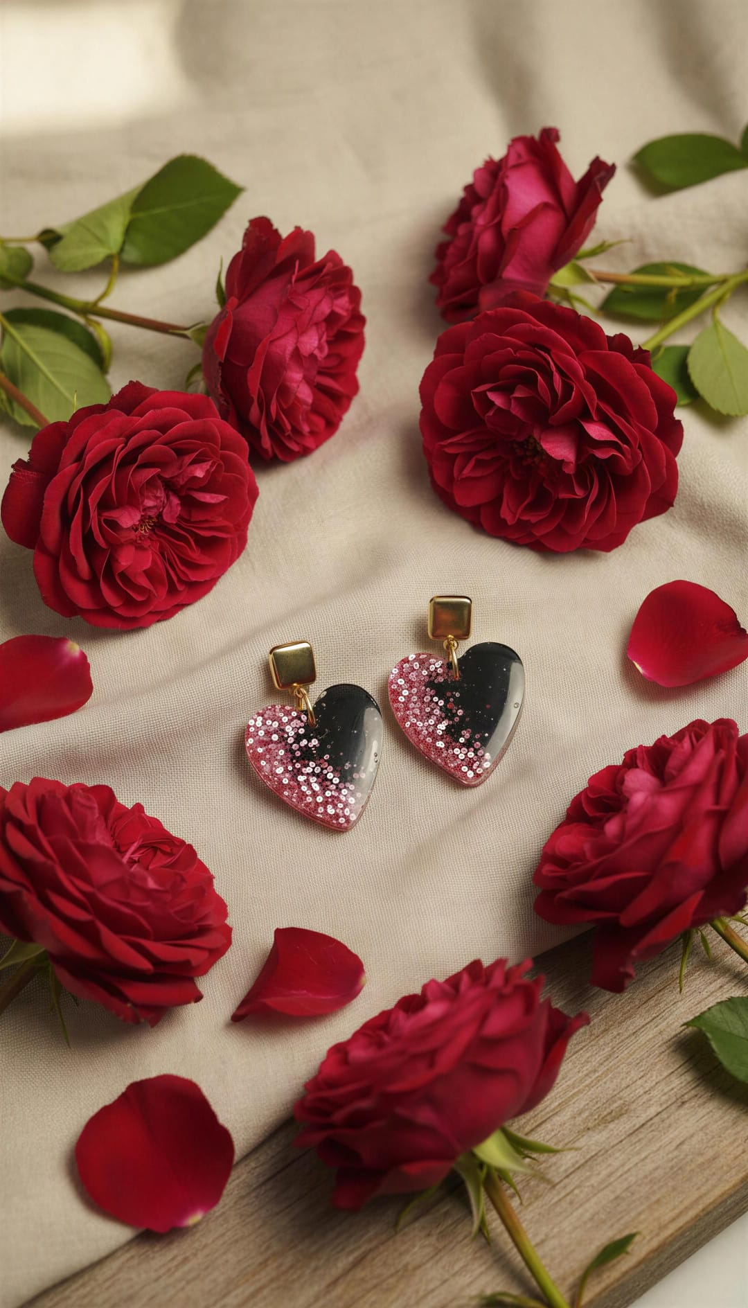 Pendientes de resina en forma de corazón rosa y negro