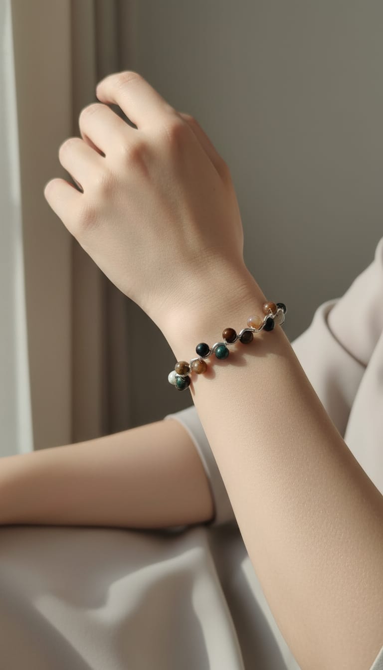 Pulsera de alambre plateada con piedra amazónica