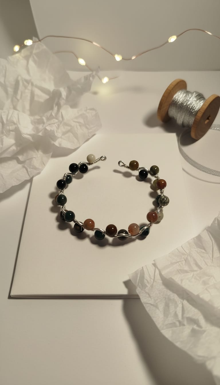 Pulsera de alambre plateada con piedra amazónica